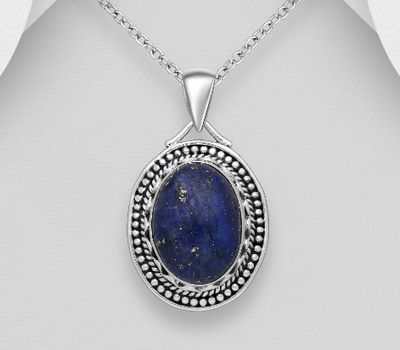 Şəkli böyütmək üçün tiklayın 925 Sterling Silver Oxidized Oval Pendant, Decorated with Lapis Lazuli