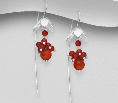 925 Sterling Silver Flower Hook Earrings, Beaded with Various Gemstones Beads