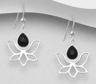 925 Sterling Silver Lotus Hook Earrings, Decorated with Onyx