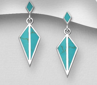 925 Sterling Silver Rhombus Push-Back Earrings, Decorated with Reconstructed Sky Blue Turquoise