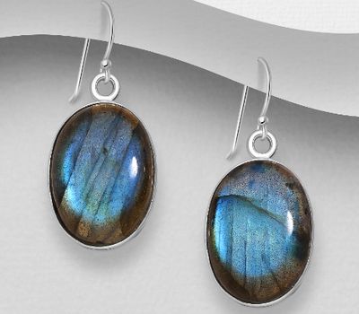 925 Sterling Silver Oval Hook Earrings, Decorated with Labradorite