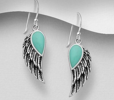 925 Sterling Silver Oxidized Wings Hook Earrings, Decorated with Resin