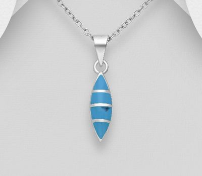 925 Sterling Silver Marquise-Shape Pendant, Decorated with Reconstructed Sky-Blue Turquoise
