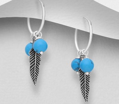 925 Sterling Silver Oxidized Feather Earrings, Beaded with Reconstructed Sky Blue Turquoise