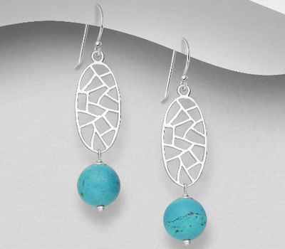 925 Sterling Silver Hook Earrings, Decorated with Reconstructed Sky-Blue Turquoise or Various Colored Resins