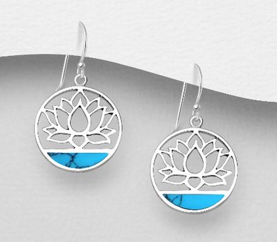 925 Sterling Silver Lotus Hook Earrings,  Decorated with Reconstructed Sky Blue Turquoise