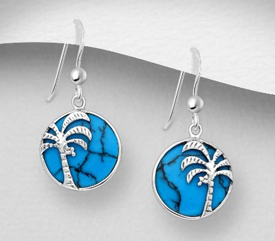 925 Sterling Silver Coconut Tree Hook Earrings, Decorated with Reconstructed Turquoise or Resin