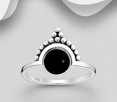 925 Sterling Silver Oxidized Ball Ring, Decorated with Resin