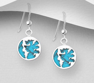 925 Sterling Silver World Map Hook Earrings, Decorated with Various Reconstructed Turquoise or Resins