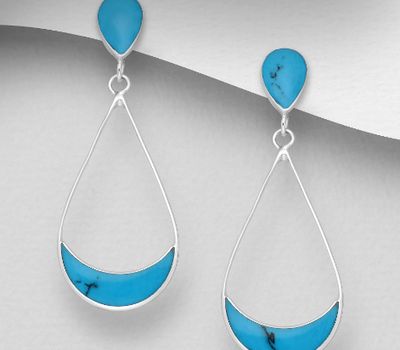 925 Sterling Silver Pear Shape Earrings, Decorated with Reconstructed Turquoise or Various Colored Resins