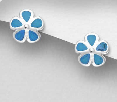 925 Sterling Silver Flower Push-Back Earrings, Decorated with Reconstructed Sky-Blue Turquoise