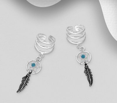 925 Sterling Silver Oxidized Dream Catcher Ear Cuffs, Decorated with Reconstrued Turquoise or Resins