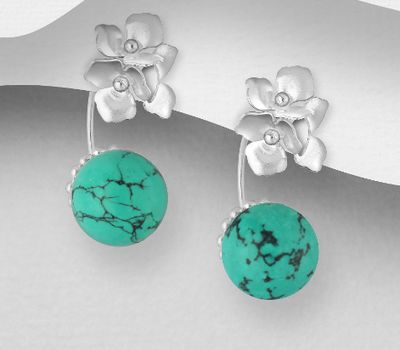 925 Sterling Silver Flower Jacket Earrings,  Decorated with Various Gemstones and Reconstructed Light Green Turquoise