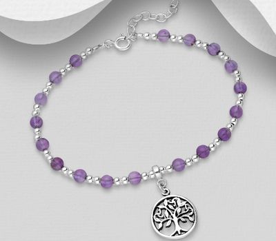 925 Sterling Silver Tree of Life Bracelet, Beaded Reconstructed Stone or Various Gemstones