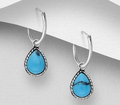 925 Sterling Silver Droplet Hoop Earrings, Decorated with Reconstructed Turquoise or Various Colored Resins