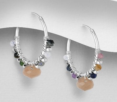 925 Sterling Silver Hoop Earrings, Beaded with Various Gemstone Beads