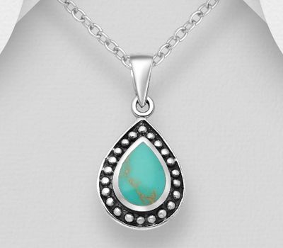 Malın səhifəsinə keç 925 Sterling Silver Oxidized Droplet Pendant, Decorated with Reconstructed Light Green Turquoise