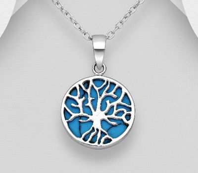 925 Sterling Silver Tree of Life Pendant, Decorated with Reconstructed Turquoise or VariousColored Resins