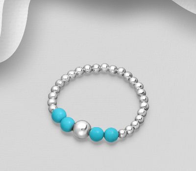 925 Sterling Silver Ball Ring, Beaded with Reconstructed Sky Blue Turquoise