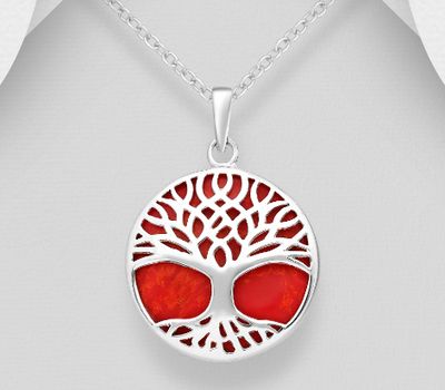 925 Sterling Silver Tree of Life Pendant, Decorated with Circle Reconstructed Light Green Turquoise or Red Resin