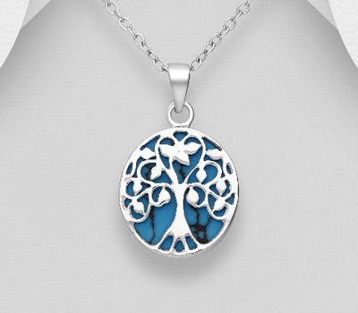 925 Sterling Silver Tree of Life Pendant, Decorated with Reconstructed Turquoise or Various Colored Resins