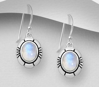 925 Sterling Silver Oval Hook Earrings, Decorated with Rainbow Moonstone