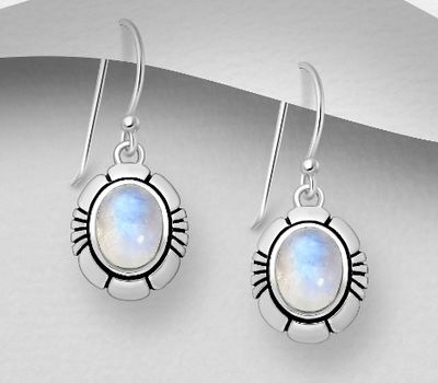 Şəkli böyütmək üçün tiklayın 925 Sterling Silver Oval Hook Earrings, Decorated with Rainbow Moonstone