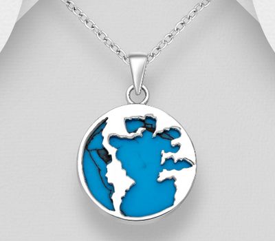 Şəkli böyütmək üçün tiklayın 925 Sterling Silver World's Map Pendant, Decorated with Reconstructed Turquoise or VariousColored Resins