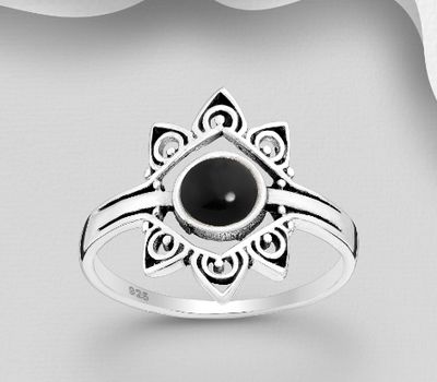 925 Sterling Silver Oxidized Spike Ring, Decorated with Resin