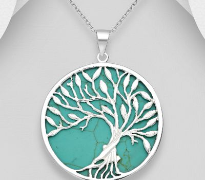 925 Sterling Silver Tree of Life Pendant, Decorated with Reconstructed Turquoise