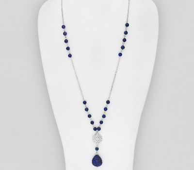925 Sterling Silver Necklace, Beaded with Lapis Lazulis