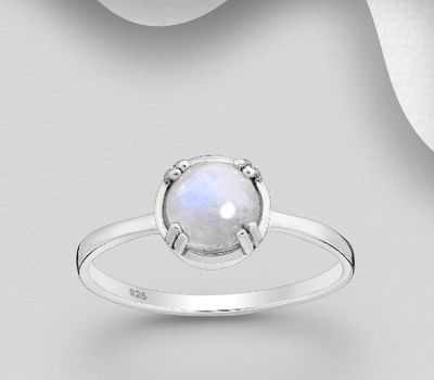 925 Sterling Silver Ring, Decorated with Rainbow Moonstone