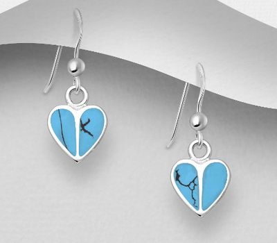 Şəkli böyütmək üçün tiklayın 925 Sterling Silver Heart Hook Earrings, Decorated with Reconstructed Sky-Blue Turquoise