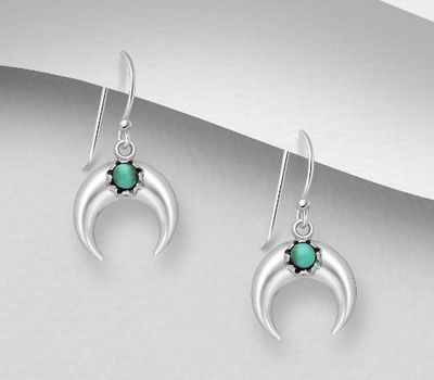 925 Sterling Silver Horn Hook Earrings, Decorated with Reconstructed Stone or Gemstones.