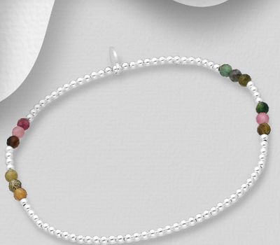 925 Sterling Silver Elastic Ball Bracelet, Beaded with Various Tourmaline Colors
