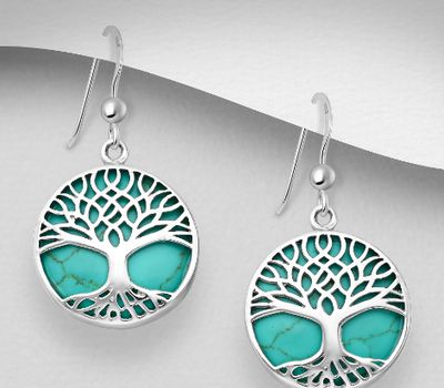 925 Sterling Silver Tree of Life Hook Earrings, Decorated with Circle Reconstructed Turquoise or Red Resin