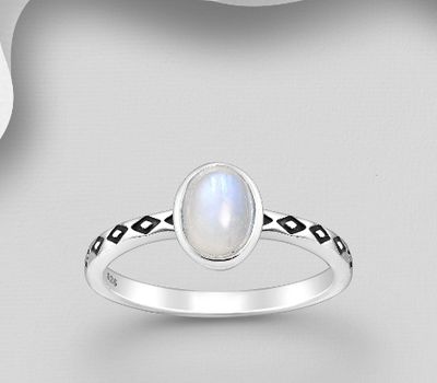 925 Sterling Silver Oval Ring, Featuring Oxidized Rhombus Symbol around the Shank, Decorated with Rainbow Moonstone