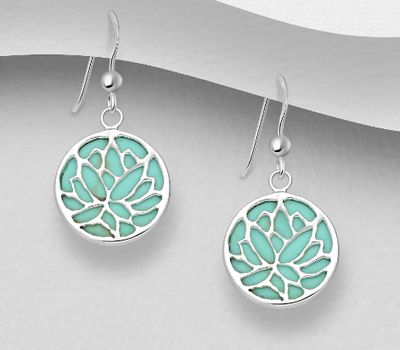 Şəkli böyütmək üçün tiklayın 925 Sterling Silver Lotus Hook Earrings, Decorated Reconstructed Turquoise or VariousColored Resins