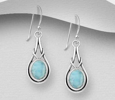 Şəkli böyütmək üçün tiklayın 925 Sterling Silver Oxidized Hook Earrings, Decorated with Larimar