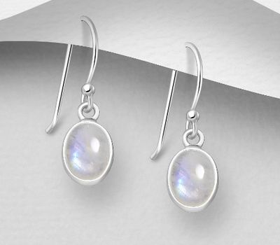 925 Sterling Silver Hook Earrings, Decorated with Rainbow Moonstone