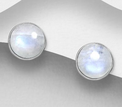 Şəkli böyütmək üçün tiklayın 925 Sterling Silver Circle Push-Back Earrings, Decorated with Rainbow Moonstone