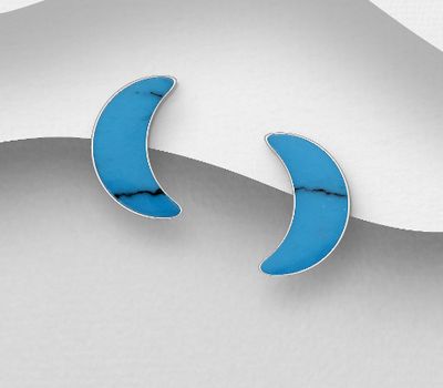 925 Sterling Silver Crescent Moon Push-Back Earrings, Decorated with Reconstructed Stone or Resin