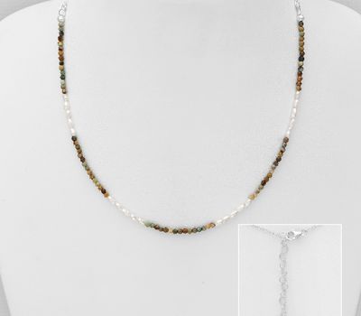 925 Sterling Silver Beaded Necklace, Beaded with Freshwater Pearls and Turquoise