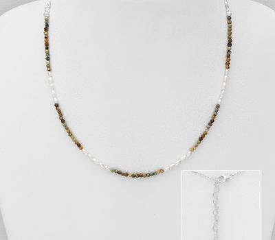 Şəkli böyütmək üçün tiklayın 925 Sterling Silver Beaded Necklace, Beaded with Freshwater Pearls and Turquoise
