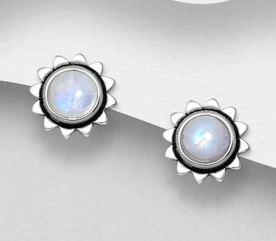 925 Sterling Silver Oxidized Flower Push-Back Earrings, Decorated with Rainbow Moonstone