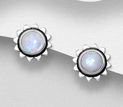 Şəkli böyütmək üçün tiklayın 925 Sterling Silver Oxidized Flower Push-Back Earrings, Decorated with Rainbow Moonstone
