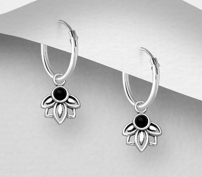 Şəkli böyütmək üçün tiklayın 925 Sterling Silver Lotus Hoop Earrings, Decorated with Resin
