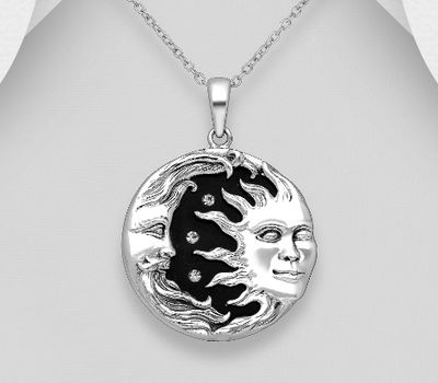 925 Sterling Silver Moon and Sun Pendant, Decorated with Black Agate