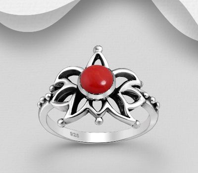 Şəkli böyütmək üçün tiklayın 925 Sterling Silver Oxidized Lotus Ring, Decorated with Reconstructed Sky Blue Turquoise or Resin