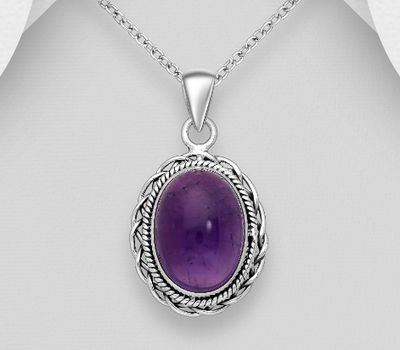 925 Sterling Silver Oxidized Oval Pendant, Decorated with Amethyst